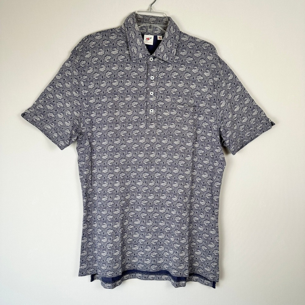 Uniqlo Michael Bastian‎ Polo Shirt Mens XL Blue Wave Fish Print Golf Vacation